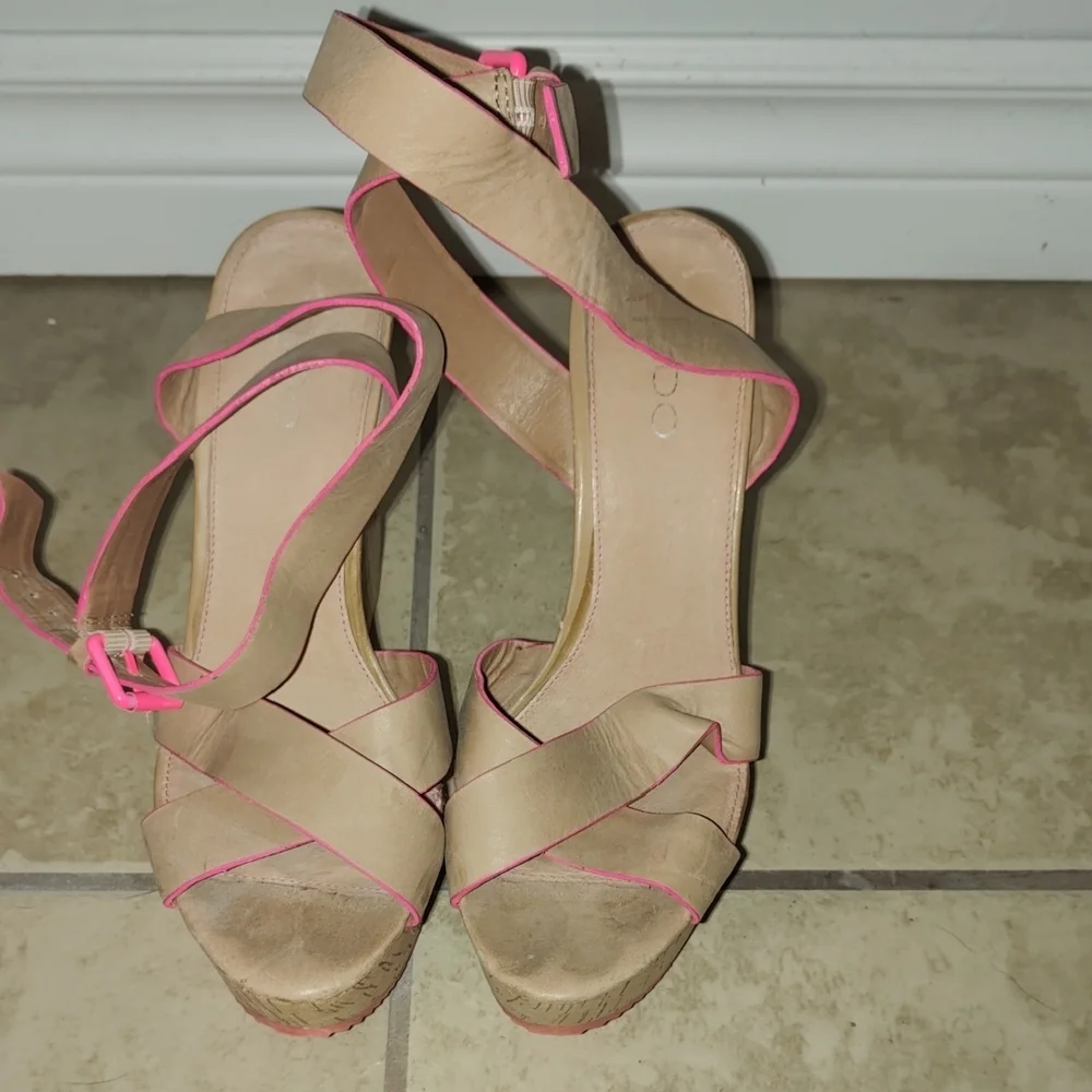 Aldo Beige and Neon Pink Wedge Sandals - Picture 2 of 4